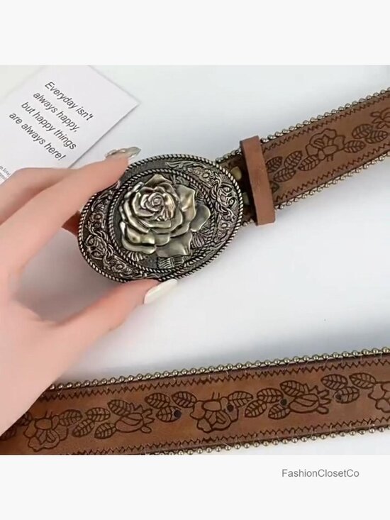 Vintage Studded Floral PU Leather Belt for Jeans